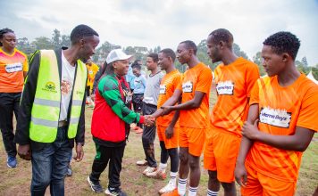 Pastor Dorcas Rigathi, the spouse of the Deputy President in the Republic of Kenya, grKaa Sober Team to encourage them just before playing a football match marking the launch of the special football tournament seeking for the rehabilitation of those in alcohol drug, and substance abuse.